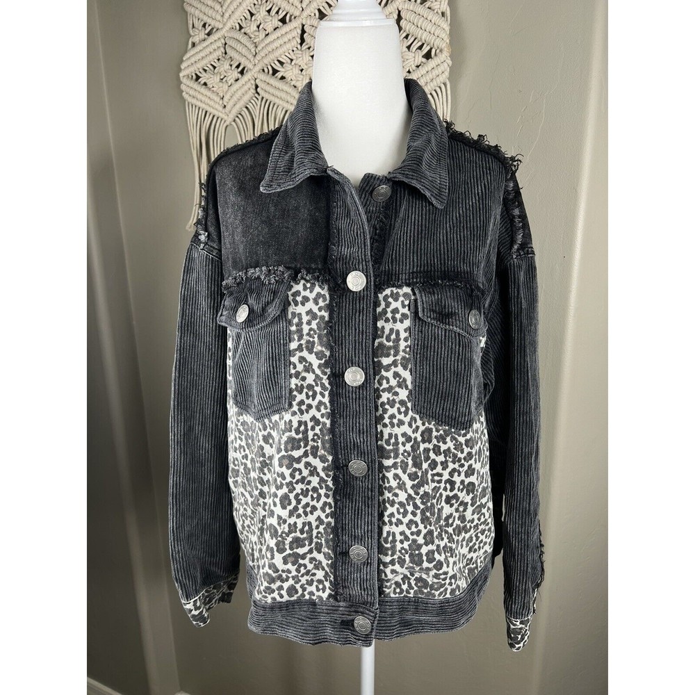 POL Denim Corduroy Leopard Jacket Womens Oversized S Jean Coat Gray Distressed